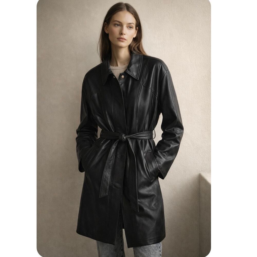 Vintage Genuine Leather Belted Coat Black Size Large